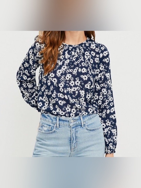 LOFT Tops - LOFT Navy and White Floral Long Sleeve Blouse